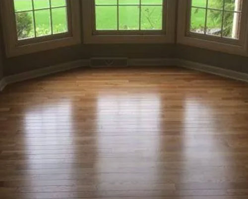 Sunlit room with polished hardwood floors and large bay windows overlooking a green lawn.