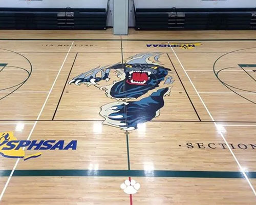 Basketball court with a large animal logo at center and SPHSAA logo on the side.