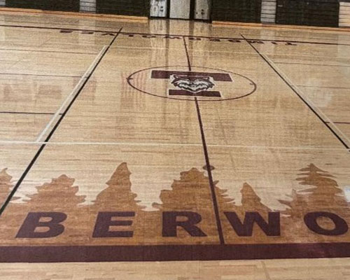 Basketball court with a bear logo at center, surrounded by tree silhouettes and partial text "BERWO" on the floor.